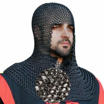 Chainmail Coif 9mm Round Riveted with solid rings Aluminium Black