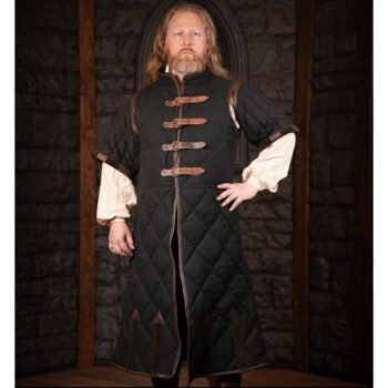 Black Long Gambeson With Brown Leather Trim