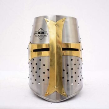 Medieval Crusader Helmet, Silver Finish with Inside Leather Liner
