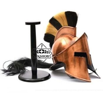 Great King Leonidas Sparta,Spartan Helmet Sparta 300 Movie Helmet Spartan Helmet Copper Finish Black Plume,Wooden Stand , Thanks giving gift